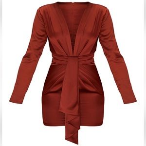 RUST SATIN LONG SLEEVE DRAPE DETAIL PLUNGE BODYCON DRESS